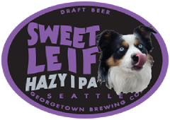Sweet Leif Hazy IPA tap label featuring a happy dog
